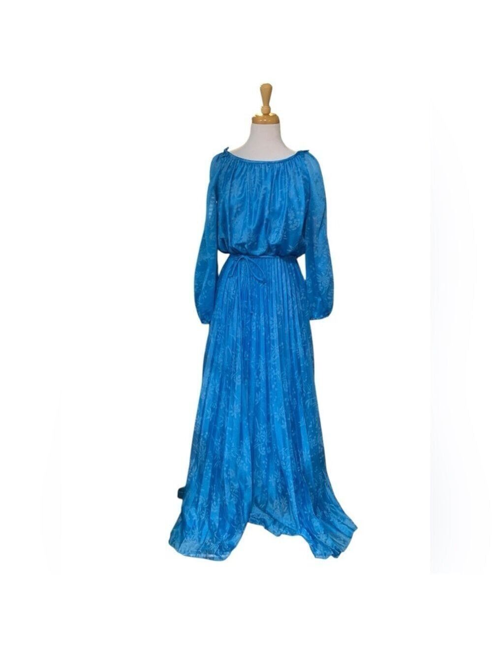 Vintage 70’s blue floral long sleeved maxi dress W/pleated skirt size6/8